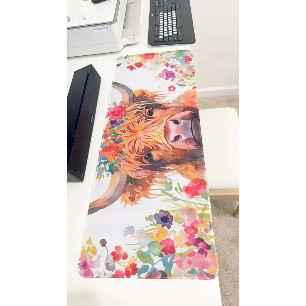 Watercolor Highland Cow Floral Large Gaming Mouse Pad Anti-Slip Desk Mat